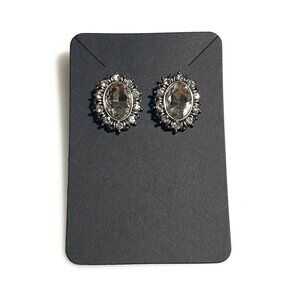 Vintage Faux Crystal Stud Earrings Silver Tone Clear Oval Elegant Retro Jewelry